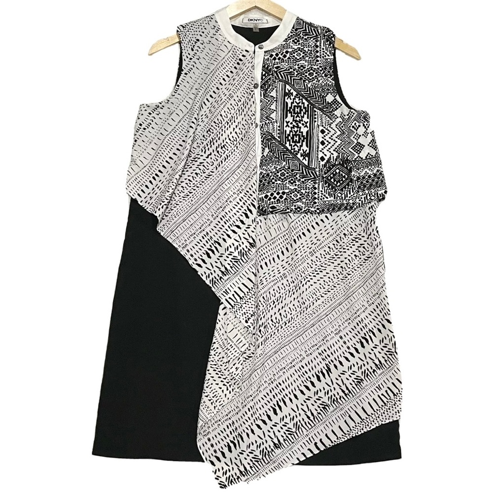 DKNYC Asymmetrical Black and White Midi Shift Dress Geometric Print Abstract